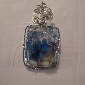 Silver Wire Wrapped Blue Floral Glass Pendant Necklace